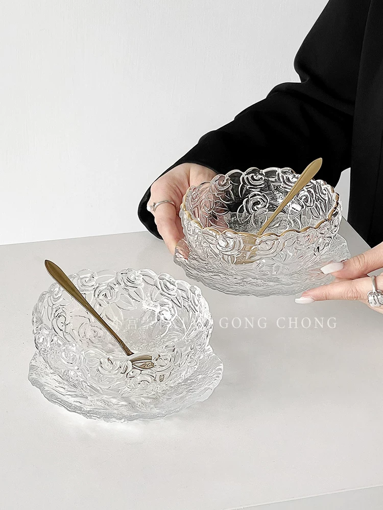 Miễn phí thìa* Bát tráng miệng trong suốt màu vàng hồng cao cấp, viền vàng, bát tổ chim, bát salad trái cây, bát sữa chua gia dụng