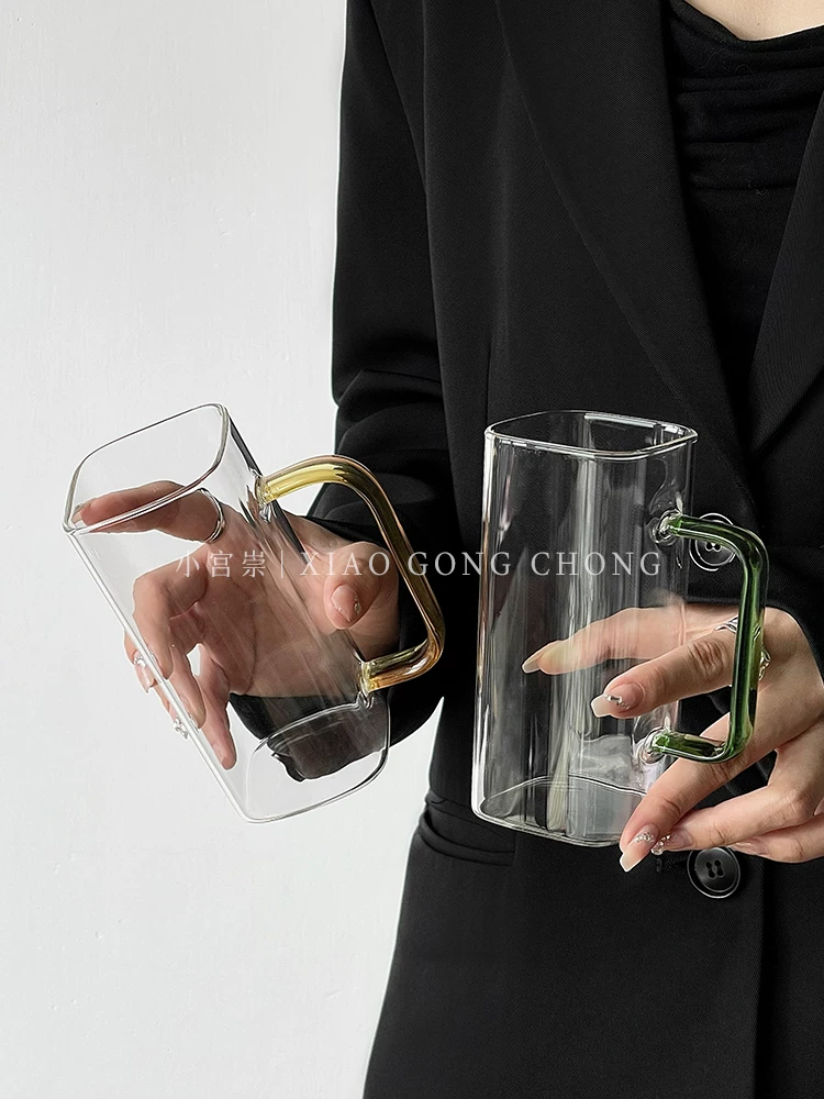 Ly thủy tinh vuông kiểu Instagram có quai cầm, dùng trong nhà, chất liệu thủy tinh borosilicate cao cấp chịu nhiệt, ly ăn sáng, ly sữa, ly cà phê.