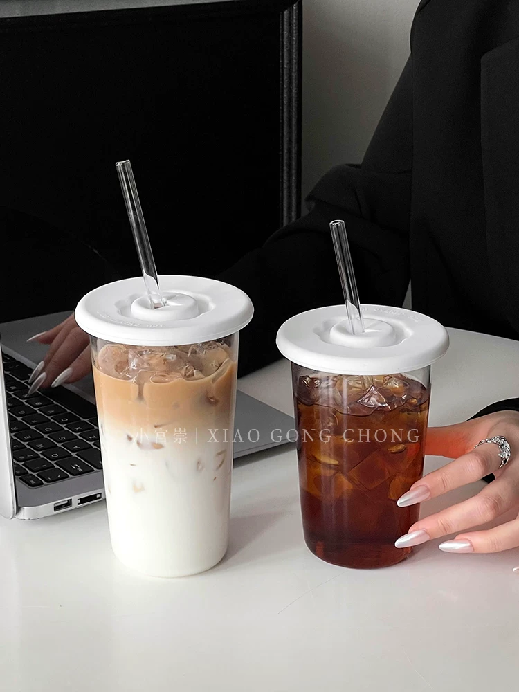 Ly uống nước lạnh bằng thủy tinh trong suốt có nắp, ly cà phê đá Mỹ, ly trà sữa, ly nước ép, ly nước