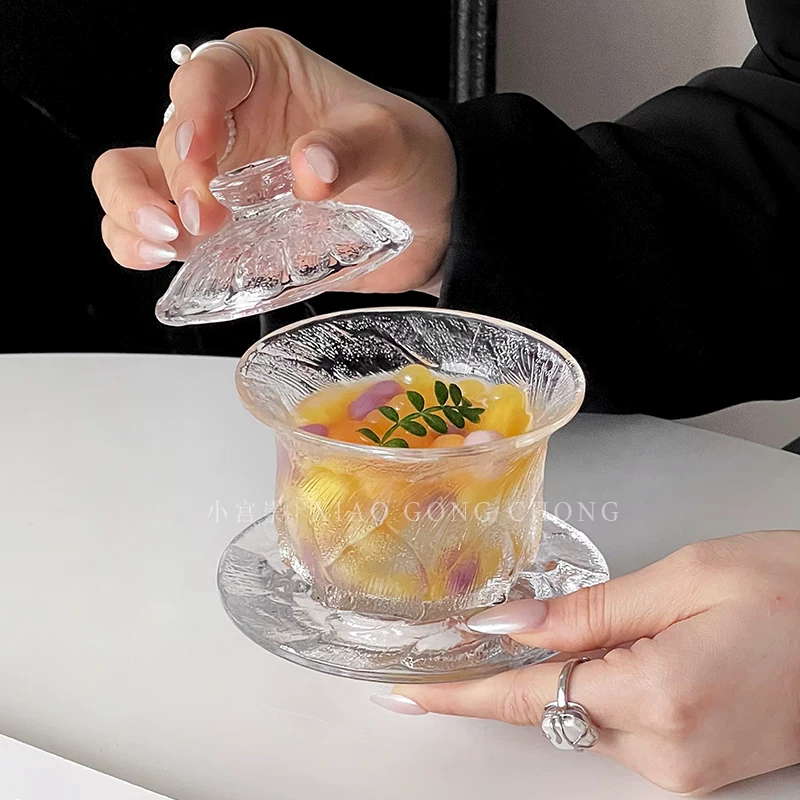 Bộ bát đĩa thủy tinh kiểu Trung Hoa, bộ bát đĩa gia dụng cao cấp có nắp, bát tráng miệng, bát đựng đường và nấm trắng sáng tạo.