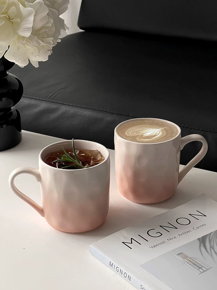 Cốc màu hồng gradient chất lượng cao dùng trong gia đình, cốc uống nước cho bé gái, cốc cà phê gốm sứ phong cách, cốc ăn sáng, cốc đôi