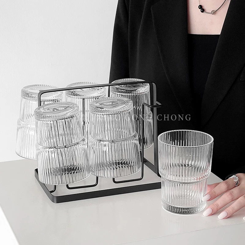 Bộ cốc thủy tinh sọc phòng khách tối giản, bộ đồ ăn cao cấp, cốc nước dùng trong khách sạn, cốc trà, cốc cà phê.