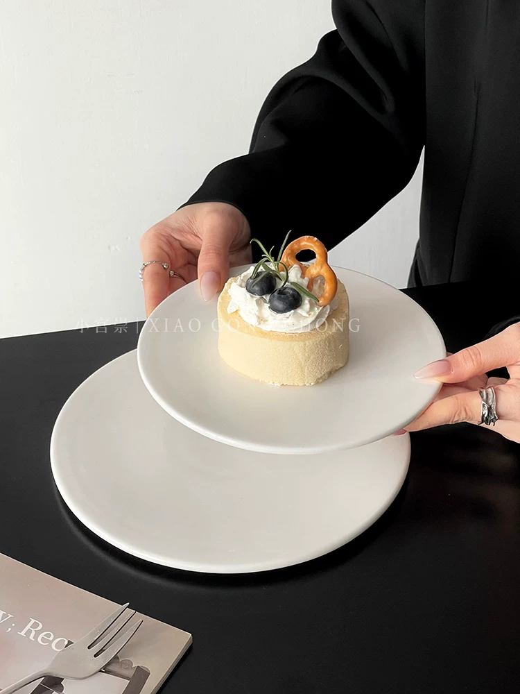 Đĩa gốm sứ trắng đơn giản, đĩa bánh ngọt, đĩa trưng bày sáng tạo, đĩa bánh ngọt phương Tây, đĩa mousse, đĩa steak, đĩa ăn món Âu