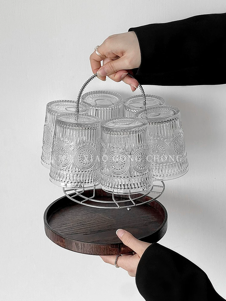 Bộ cốc thủy tinh hướng dương, giá trị thẩm mỹ cao, cốc uống nước dập nổi theo phong cách cổ điển, cốc tiếp khách gia đình, cốc cà phê phòng khách