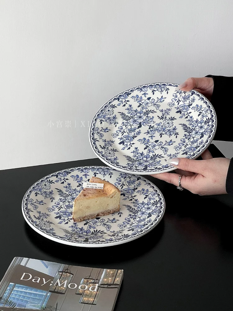 Bộ đồ ăn bằng gốm sứ màu xanh và trắng cổ điển theo phong cách Anh, đĩa bánh kiểu Anh, đĩa tráng miệng cao cấp, đĩa ăn sáng tại nhà, đĩa ăn món Âu