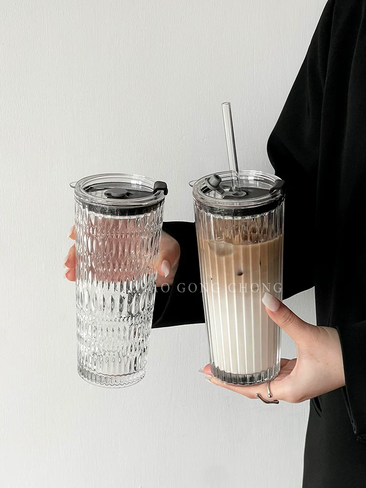 Cốc thủy tinh có ống hút dung tích lớn, cốc cà phê latte đá trong suốt cao cấp, cốc nước gia dụng có nắp dùng cho văn phòng