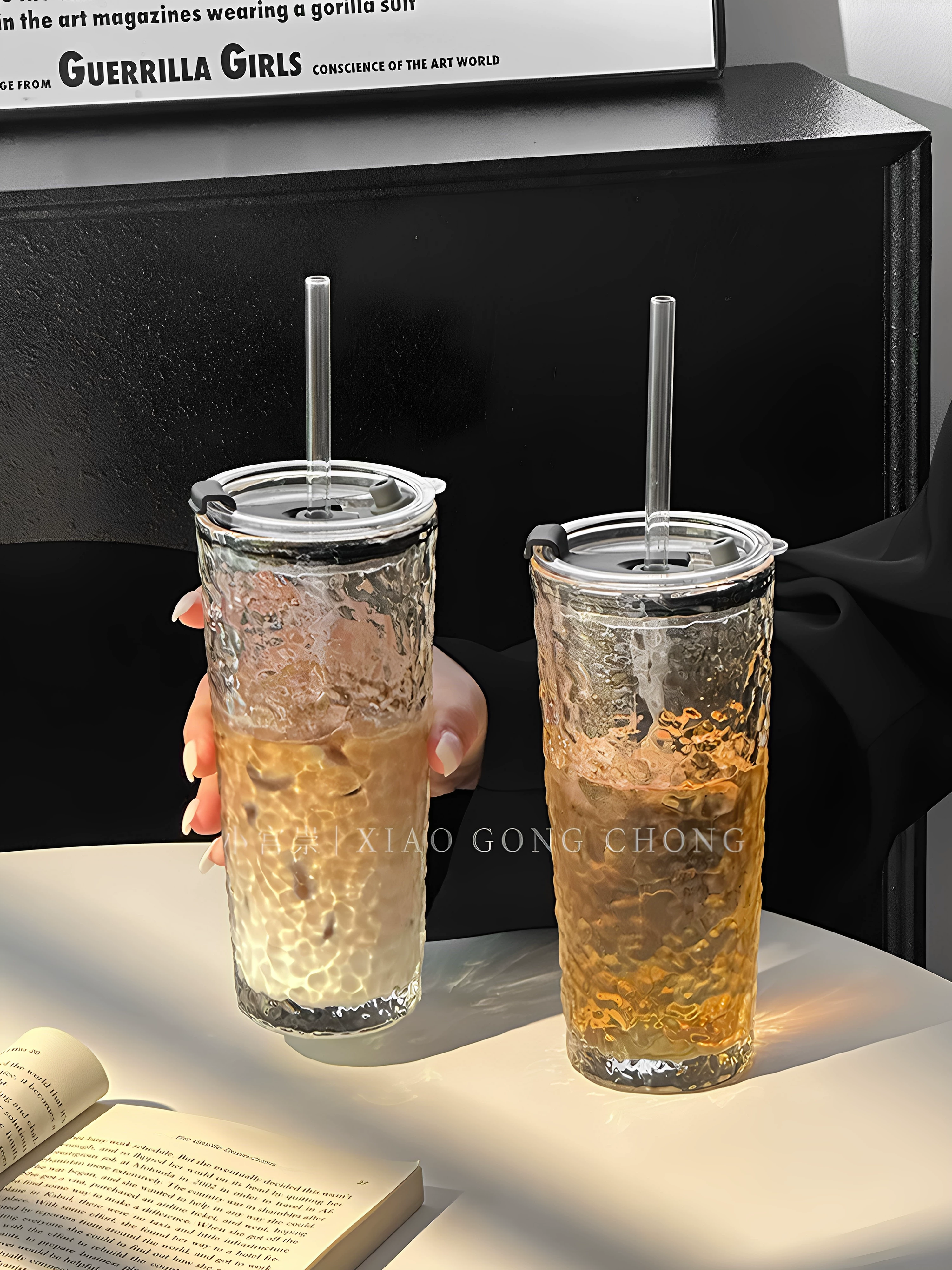 Cốc thủy tinh dung tích lớn, cốc cà phê latte đá kiểu Mỹ đẹp mắt dành cho nữ có nắp, cốc nước gia dụng, cốc uống nước lạnh