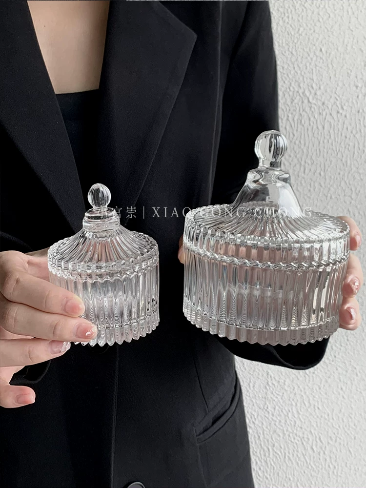 Hộp đựng đồ trang điểm phong cách Bắc Âu, lọ thủy tinh để bàn, hộp đựng đồ sọc, hộp đựng trang sức, đồ trang trí trang trí