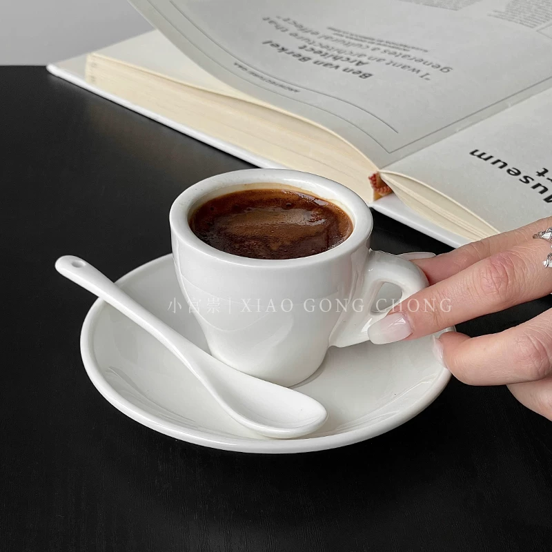Tách cà phê espresso màu trắng, tách espresso nhỏ, tách cà phê kiểu châu Âu đơn giản, bộ tách và đĩa sứ, 80ml
