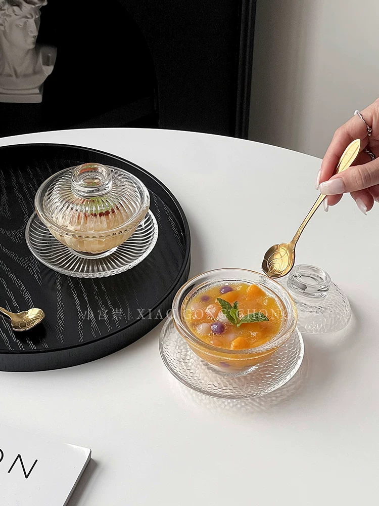Cốc tổ chim có nắp, bát thủy tinh, bộ bát đĩa tráng miệng tinh tế kiểu Trung Hoa, bát súp nước đường nấm trắng chịu nhiệt gia dụng