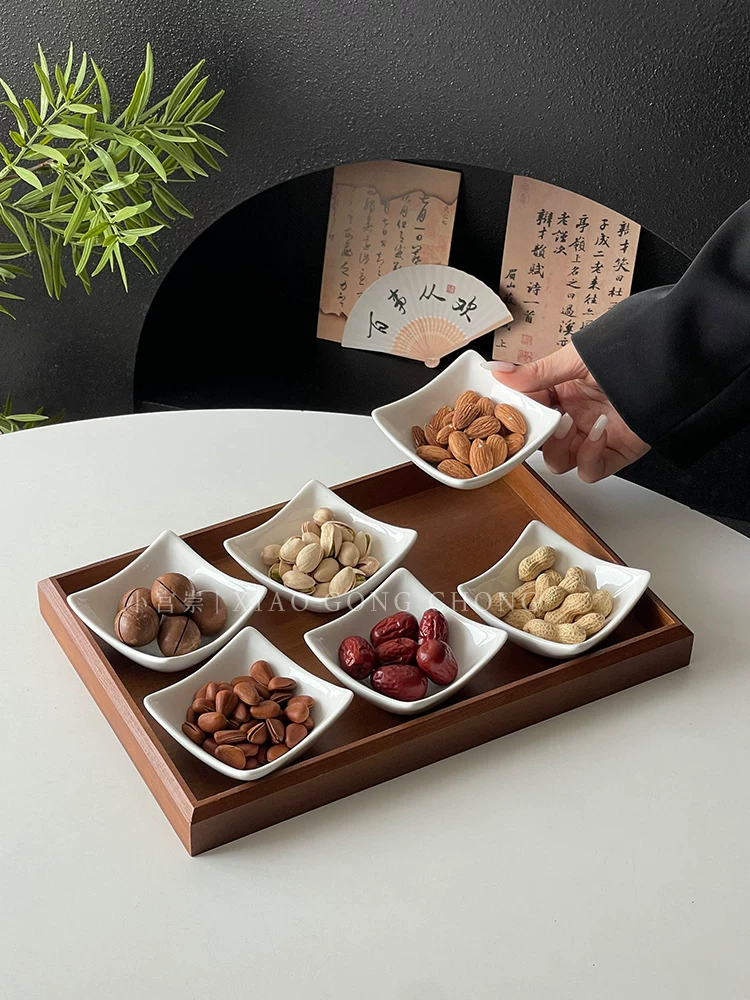 Đĩa đựng trái cây khô bằng gốm sứ kiểu Trung Quốc, đĩa đựng đồ ăn nhẹ trà, đĩa đựng trái cây gia dụng, đĩa đựng kẹo ăn nhẹ sáng tạo, khay đựng đồ ăn nhẹ, đĩa chia ngăn