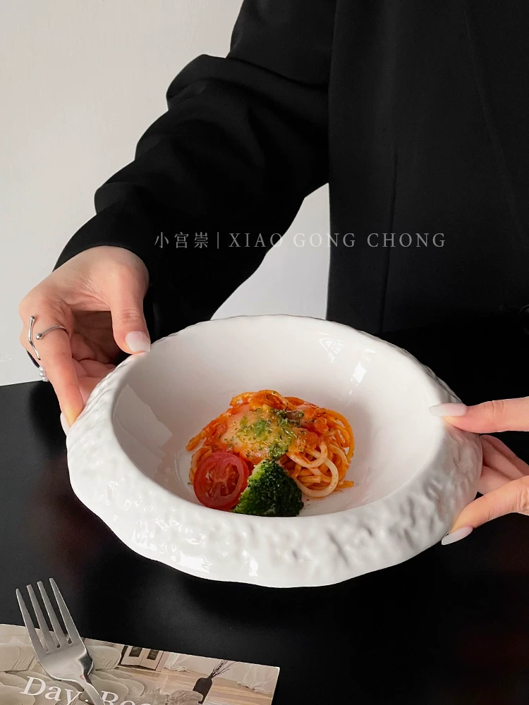 Đĩa gốm họa tiết đá, đĩa sâu gia dụng cao cấp, đĩa kiểu Tây màu trắng tinh khiết sang trọng nhẹ nhàng, đĩa súp, đĩa steak và mì ý sáng tạo.