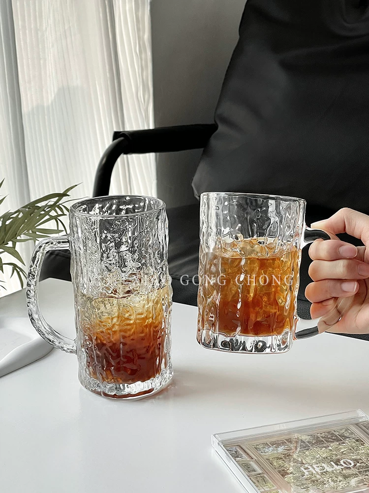 Ly thủy tinh gia dụng sáng tạo có tay cầm, ly uống nước họa tiết cây tươi mới đơn giản, ly bia, ly nước ép, ly cà phê