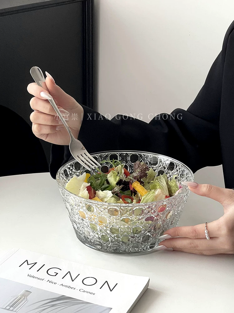 Bát trộn salad họa tiết đá quý nổi kiểu Ins, bát trái cây thủy tinh lớn cao cấp phong cách nhẹ nhàng sang trọng, bát ăn sáng đựng cháo.