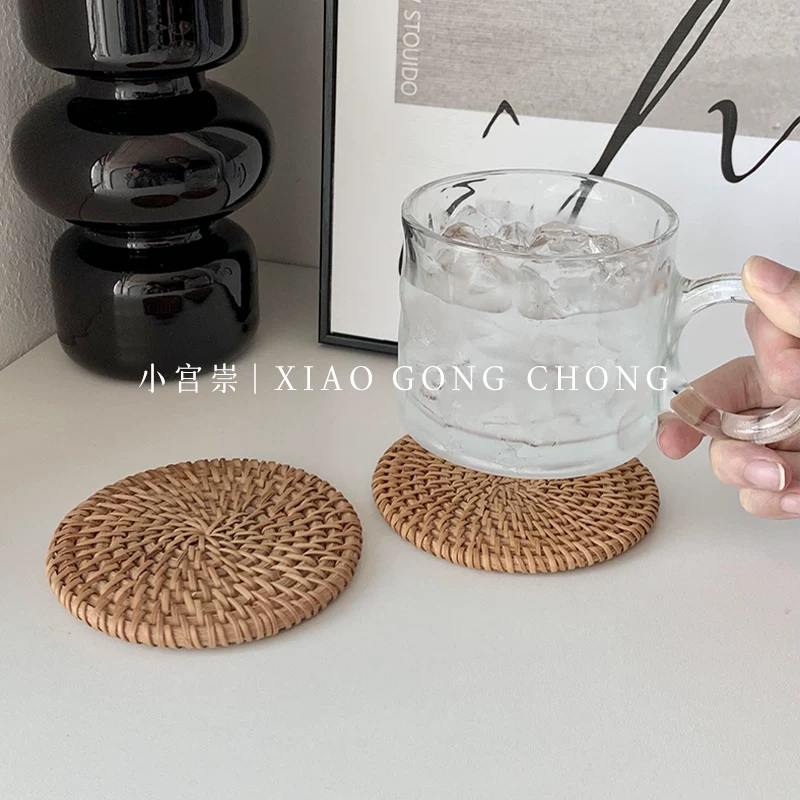 Đế lót ly bằng mây thủ công phong cách Ins, đệm cách nhiệt dệt, đế lót bát, đồ dùng gia đình chống bỏng, thảm trà chống trượt, đế lót ly tròn