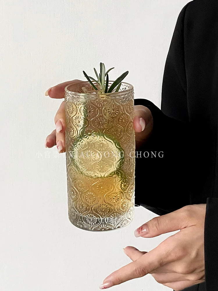 Ly thủy tinh họa tiết hoa dâm bụt phong cách Ins, ly cà phê thiết kế độc đáo, ly nước ép, ly nước uống lạnh, ly uống gia dụng, ly trà sữa.