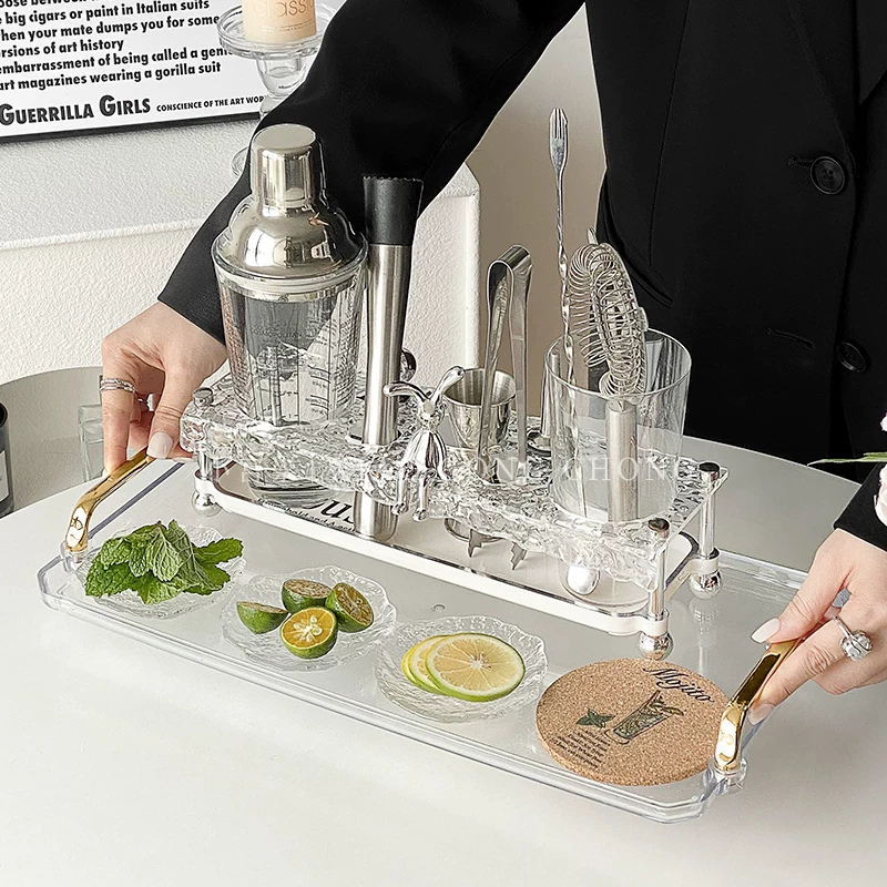 Bộ dụng cụ pha chế cocktail bằng thép không gỉ, ly pha chế bằng thủy tinh, dùng trong nhà, cao cấp, bộ đầy đủ, kèm giá để đồ, quay tay, pha trà chanh