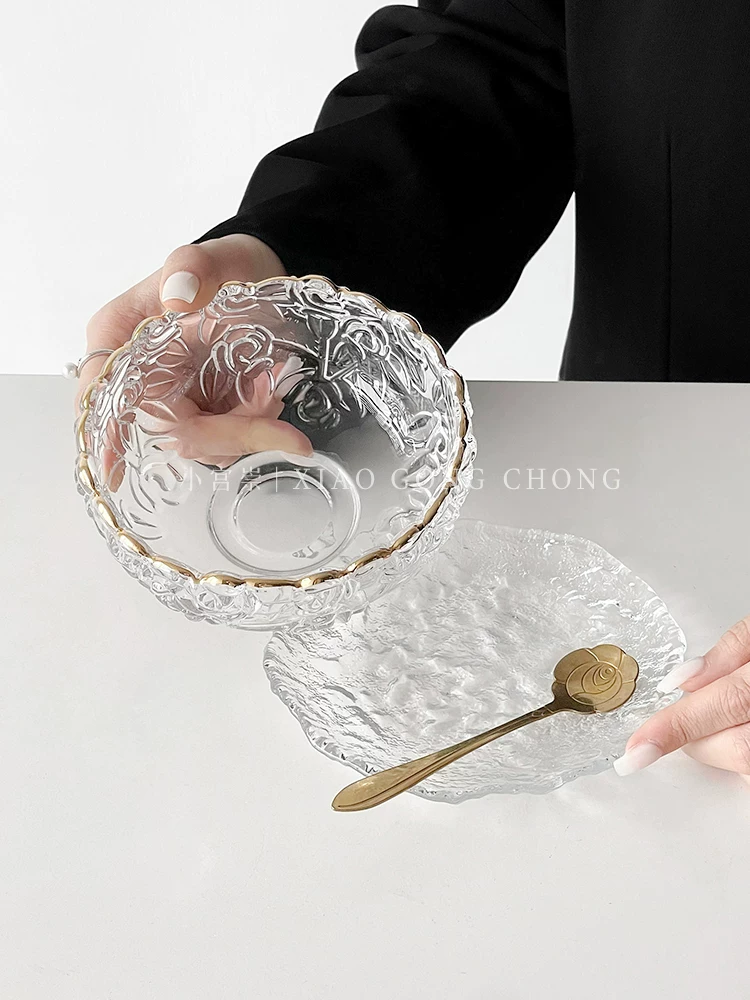 Miễn phí thìa* Bát tráng miệng trong suốt màu vàng hồng cao cấp, viền vàng, bát tổ chim, bát salad trái cây, bát sữa chua gia dụng