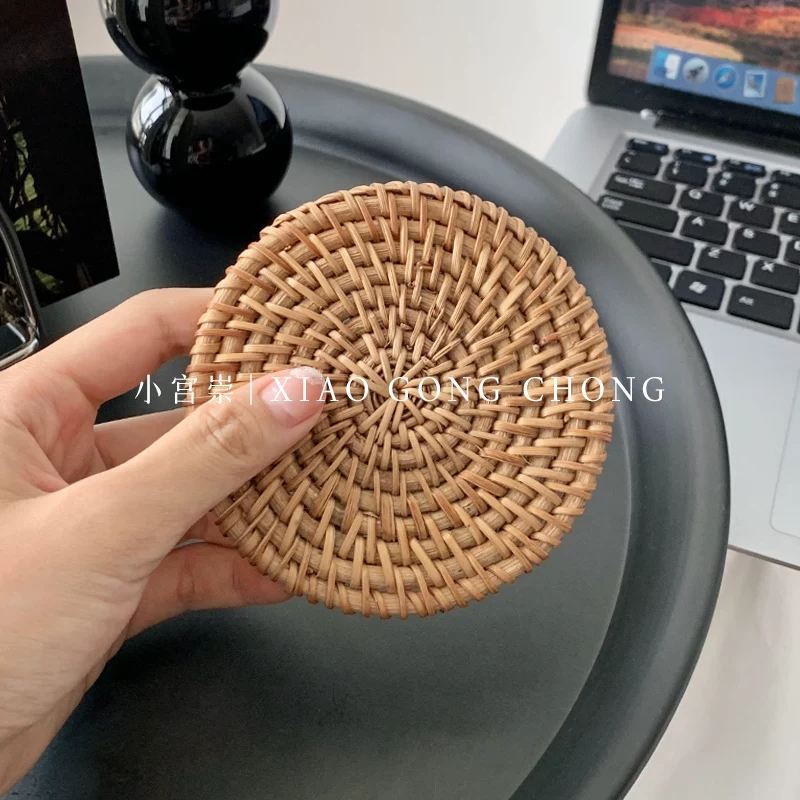 Đế lót ly bằng mây thủ công phong cách Ins, đệm cách nhiệt dệt, đế lót bát, đồ dùng gia đình chống bỏng, thảm trà chống trượt, đế lót ly tròn