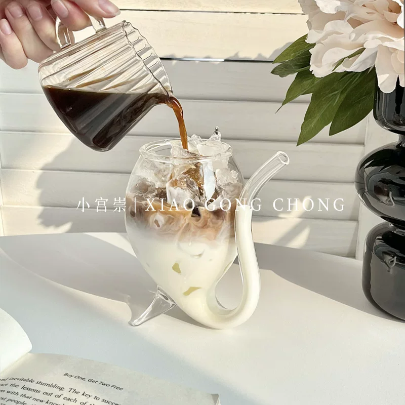 Ly thủy tinh phong cách Ins, ly có ống hút cao cá nhân hóa, ly cà phê, ly nước lạnh, ly nước có ga, ly cocktail