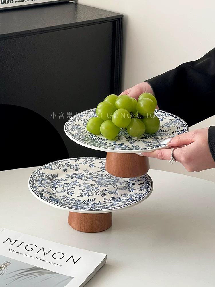 Đĩa đựng trái cây cao bằng sứ trắng xanh cổ điển kiểu Trung Quốc, đĩa đựng trái cây khô gia dụng có giá trị cao, đĩa tráng miệng cho bữa trà chiều, đĩa đựng đồ ăn nhẹ