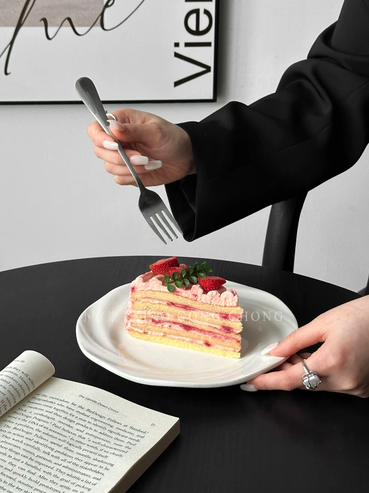 Đĩa bánh gốm sứ trắng tinh khiết phong cách Ins, đĩa tráng miệng cao cấp, đĩa trái cây ăn nhẹ gia đình, đĩa nông dùng cho trà chiều, bộ đồ ăn