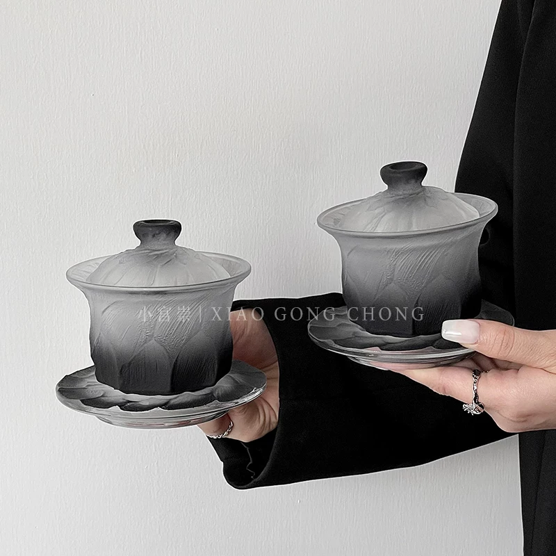 Bộ Gaiwan thủy tinh màu đen gradient cổ điển, phong cách cao cấp độc đáo, bộ trà gia dụng, tách trà Kung Fu phong cách Trung Hoa mới.