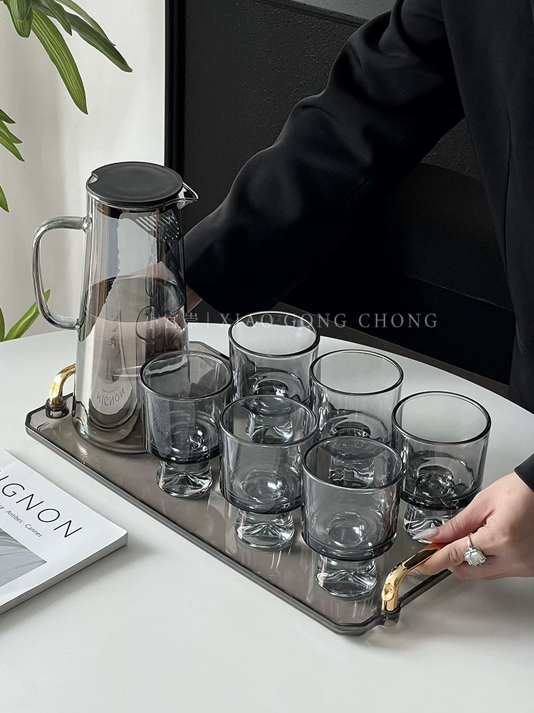 Bộ cốc thủy tinh màu xám gradient cao cấp, cốc nước gia dụng sang trọng hiện đại, bình đựng nước lạnh chịu nhiệt độ cao, cốc trà