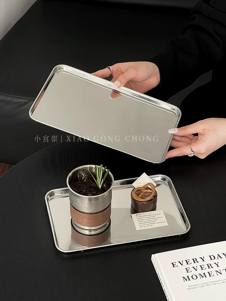 Khay chữ nhật bằng thép không gỉ kiểu công nghiệp Hàn Quốc, dùng làm đĩa ăn cafe, đĩa ăn tối, đĩa trà chiều, đĩa bánh ngọt