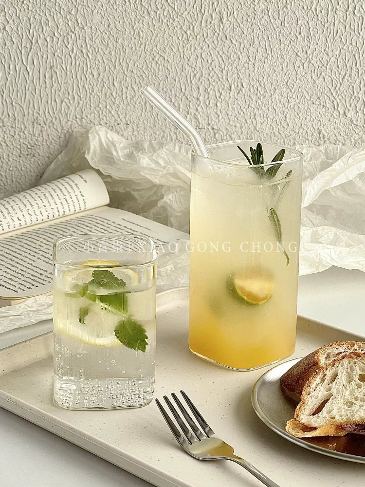 Ly thủy tinh vuông đơn giản dùng trong gia đình, ly nước ép mùa hè trong suốt, ly uống nước lạnh, ly cà phê, ly sữa, ly uống nước.