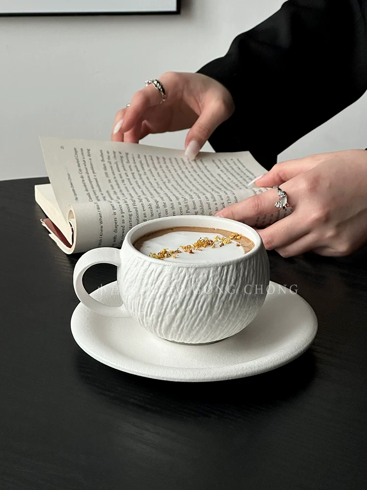 Bộ tách trà và đĩa sứ họa tiết đá cao cấp dùng trong gia đình, tách latte kiểu Ý, tách ăn sáng, tách trà chiều, tách vẽ latte art.