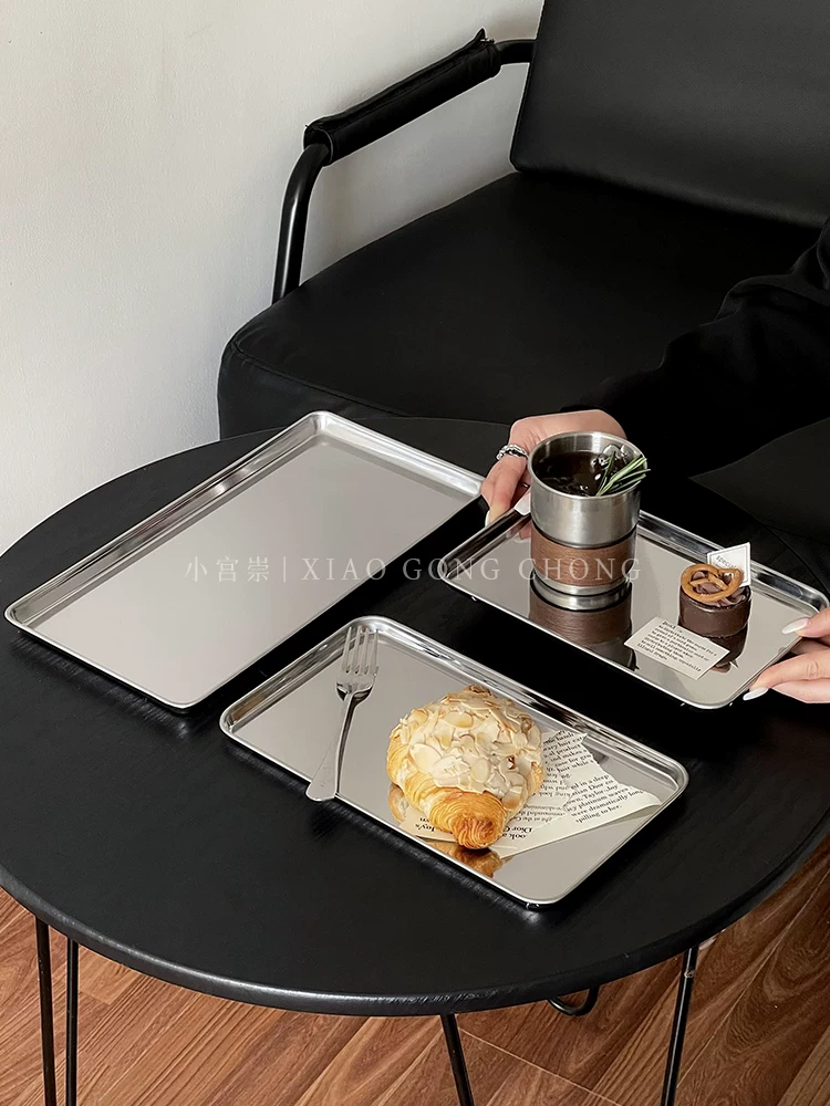 Khay chữ nhật bằng thép không gỉ kiểu công nghiệp Hàn Quốc, dùng làm đĩa ăn cafe, đĩa ăn tối, đĩa trà chiều, đĩa bánh ngọt