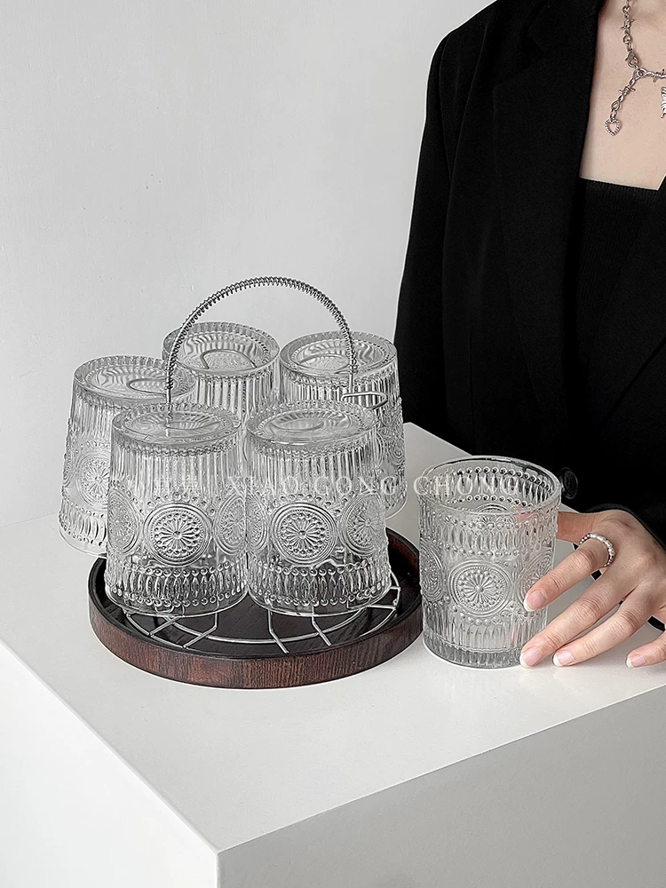 Bộ cốc thủy tinh hướng dương, giá trị thẩm mỹ cao, cốc uống nước dập nổi theo phong cách cổ điển, cốc tiếp khách gia đình, cốc cà phê phòng khách