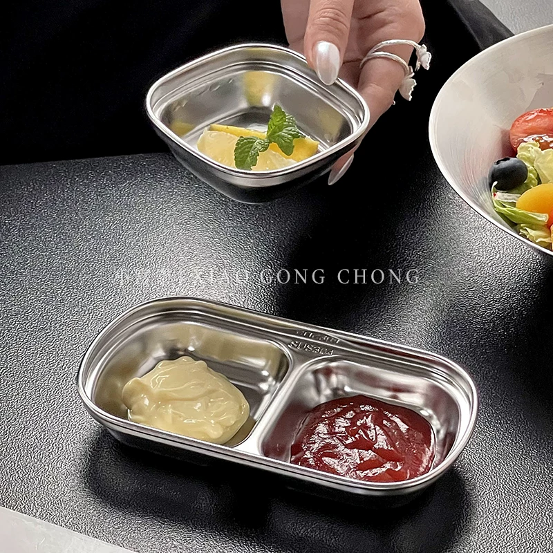 Đĩa chấm bằng thép không gỉ 304 kiểu INS kiểu Hàn Quốc có ngăn, đĩa đựng gia vị nướng, đĩa đựng món ăn kèm, đĩa đựng gia vị, bộ đồ ăn kiểu công nghiệp
