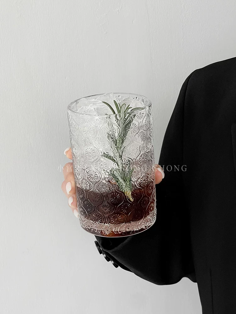 Ly nước hoa mẫu đơn cỡ lớn, chất liệu thủy tinh nổi vân cổ điển, dùng uống nước, cà phê đá, latte, nước ép