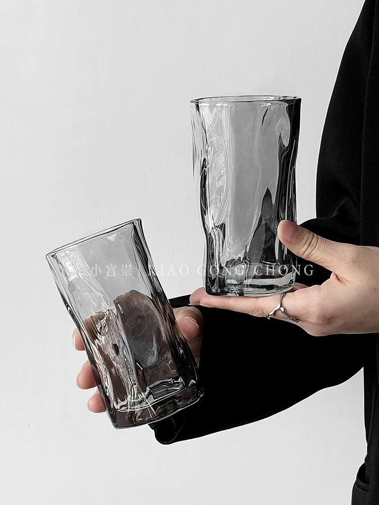 Ly thủy tinh xoắn màu tro không đều, dùng trong gia đình, thích hợp cho Americano đá, latte, cà phê, đồ uống lạnh, nước ép và nước.