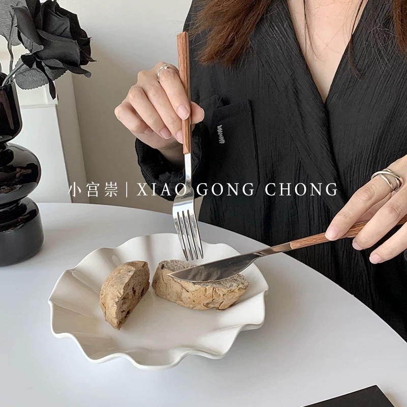 Dao dĩa kiểu Bắc Âu cổ điển, cán gỗ, thép không gỉ, bộ đồ ăn gia đình kiểu Tây, thìa súp, dao bít tết, thìa tráng miệng, dĩa