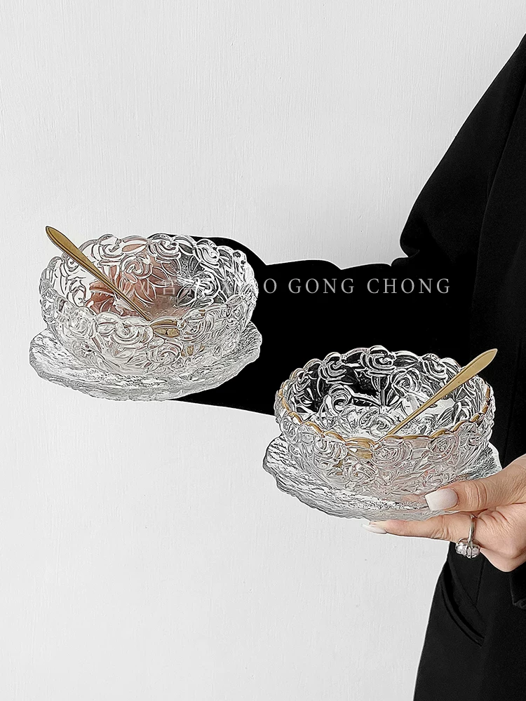 Miễn phí thìa* Bát tráng miệng trong suốt màu vàng hồng cao cấp, viền vàng, bát tổ chim, bát salad trái cây, bát sữa chua gia dụng