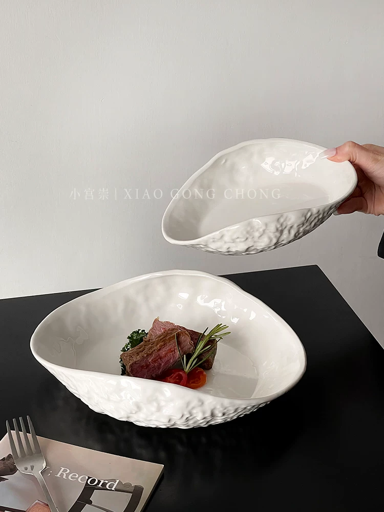 Đĩa gốm sứ họa tiết đá, đĩa súp gia dụng sang trọng nhẹ nhàng, đĩa rau củ, đĩa steak trắng tinh khôi sáng tạo cao cấp, đĩa mì ống.