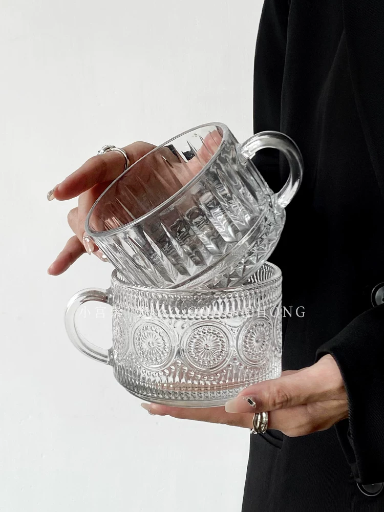Bát ăn sáng sữa yến mạch thủy tinh khắc họa tiết, kiểu dáng đẹp, có tay cầm, bát sữa chua dành cho nữ sinh, bát salad trái cây