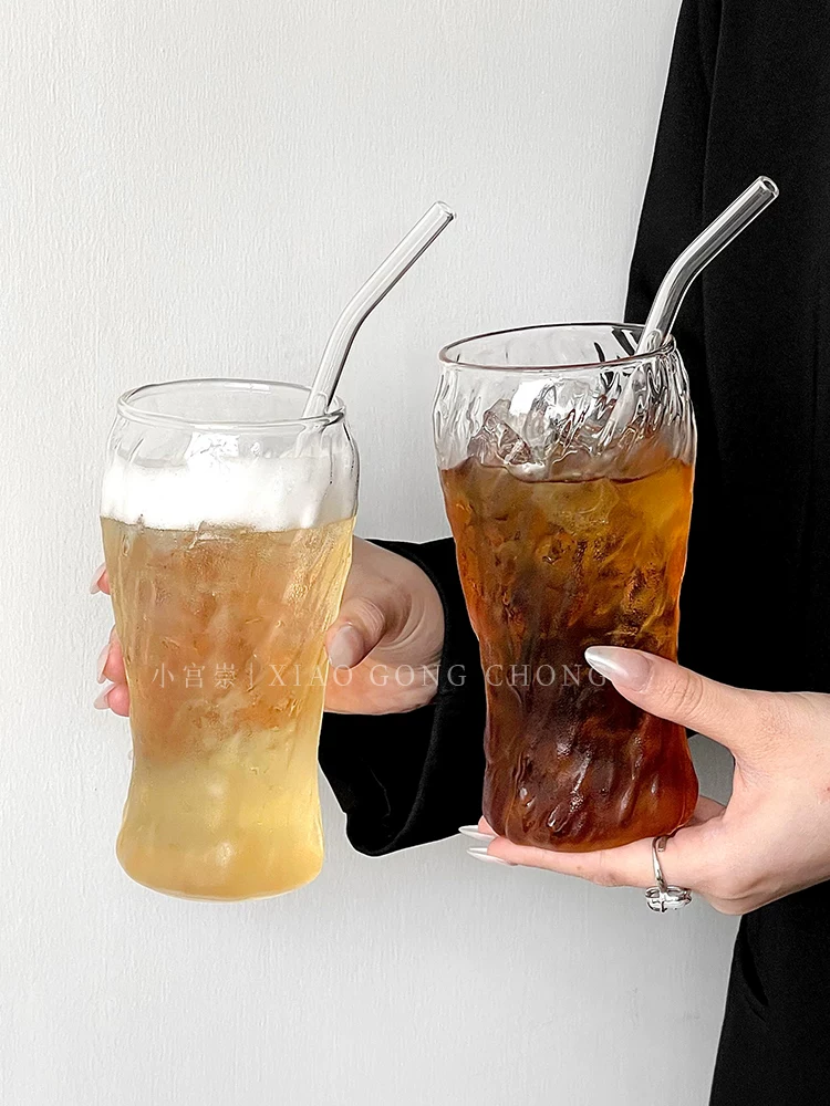 Ly cà phê latte đá kiểu Mỹ cổ điển họa tiết nước, ly nước thủy tinh chịu nhiệt dung tích lớn, ly bia, ly nước giải khát.