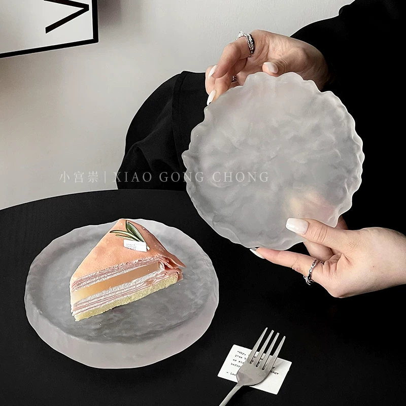 Đĩa thủy tinh mờ kiểu băng giá, khay đựng món ăn lạnh cao cấp, đĩa sushi, đế trưng bày bánh ngọt sáng tạo cho tiệc chiêu đãi