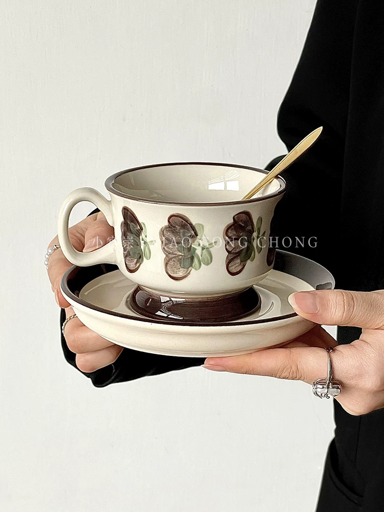 Bộ tách trà và đĩa sứ cổ điển Phần Lan, vẽ tay, họa tiết hoa hồng tươi sáng, ly cà phê latte, bộ tách trà chiều