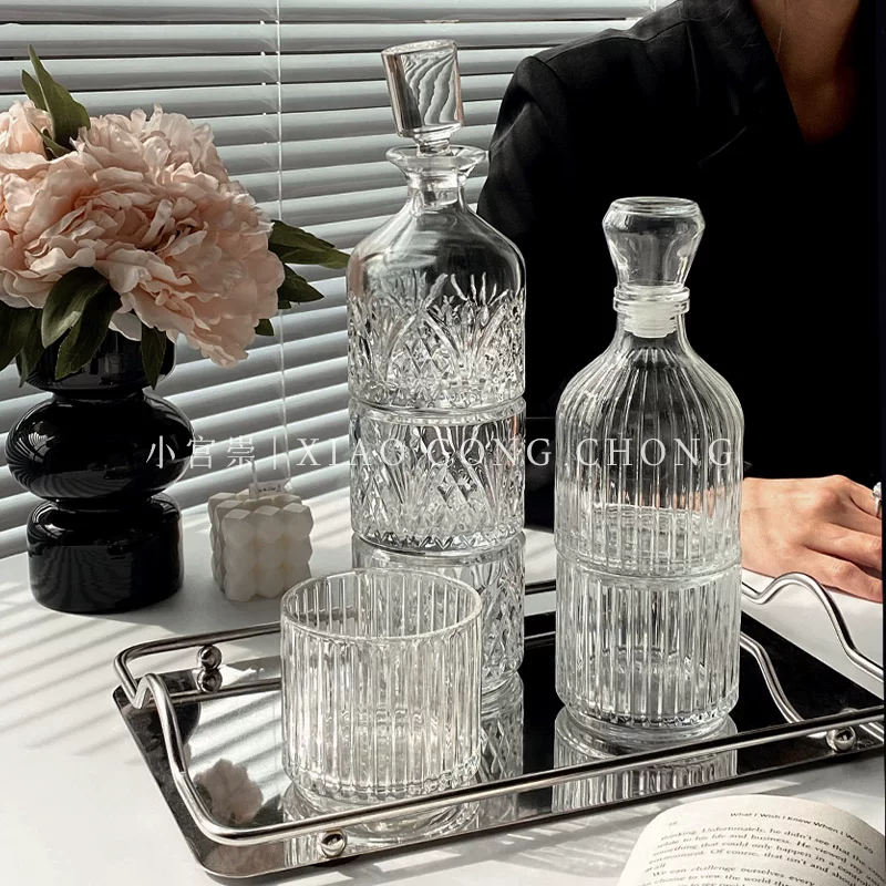 Bộ ly thủy tinh xếp chồng kiểu châu Âu, ly rượu whisky, ly trái cây, chai rượu vang, ấm trà, ly trà lạnh