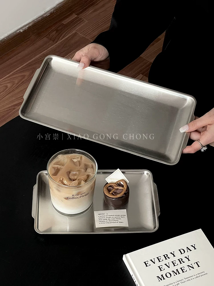 Khay inox kiểu Hàn Quốc, đĩa ăn vuông phong cách công nghiệp, đĩa nướng, đĩa dùng cho quán cà phê, trà chiều, bánh ngọt, món tráng miệng