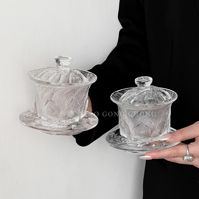 Bộ bát đĩa thủy tinh kiểu Trung Hoa, bộ bát đĩa gia dụng cao cấp có nắp, bát tráng miệng, bát đựng đường và nấm trắng sáng tạo.