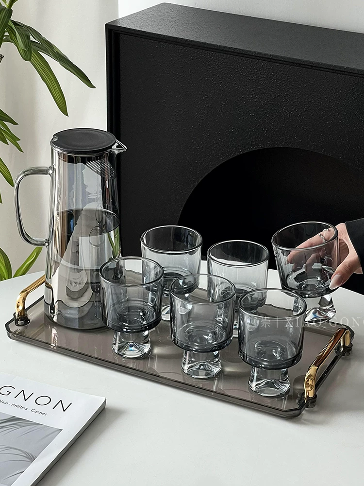 Bộ cốc thủy tinh màu xám gradient cao cấp, cốc nước gia dụng sang trọng hiện đại, bình đựng nước lạnh chịu nhiệt độ cao, cốc trà