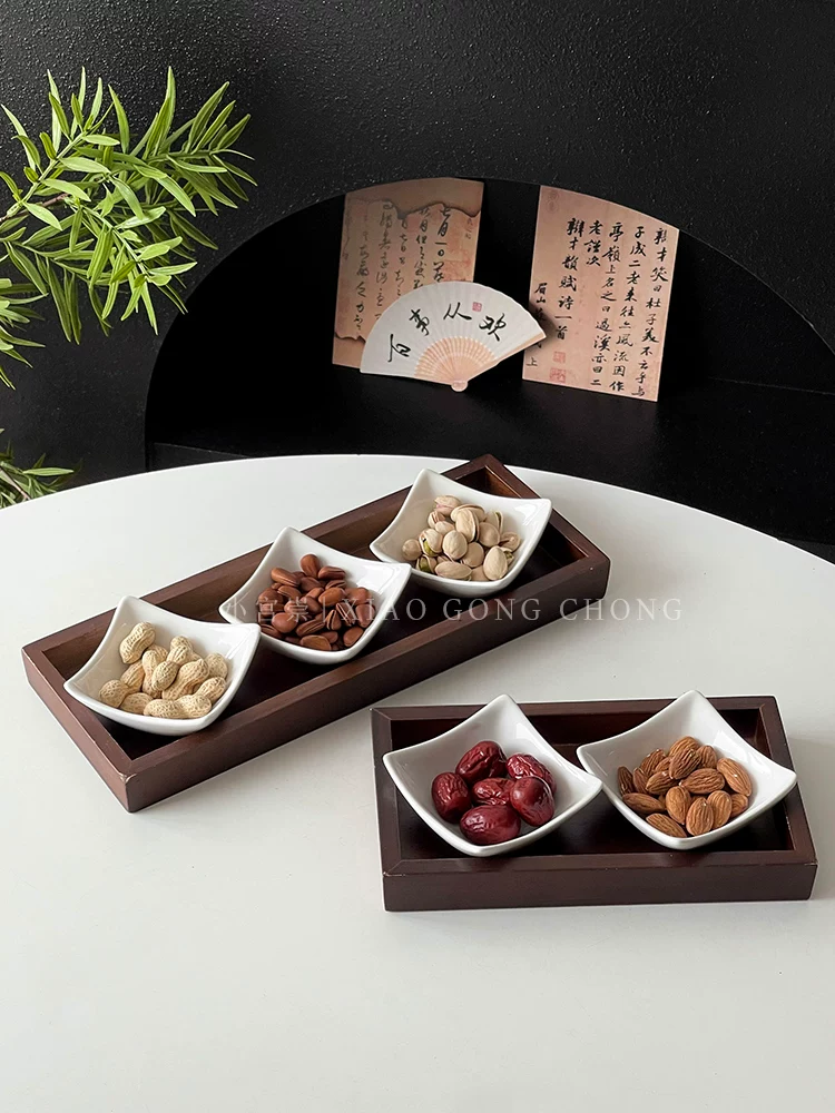 Đĩa đựng trái cây khô bằng gốm sứ kiểu Trung Quốc, đĩa đựng đồ ăn nhẹ trà, đĩa đựng trái cây gia dụng, đĩa đựng kẹo ăn nhẹ sáng tạo, khay đựng đồ ăn nhẹ, đĩa chia ngăn
