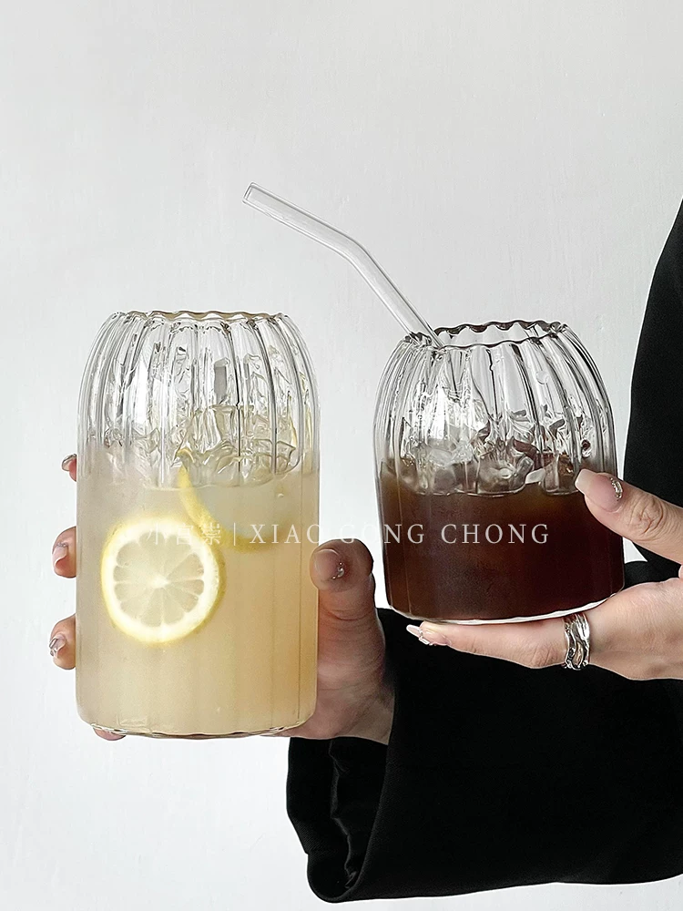 Ly thủy tinh sọc dọc kiểu cổ điển, chịu nhiệt cao, dung tích lớn, dùng được cho trà hoa quả, cà phê latte