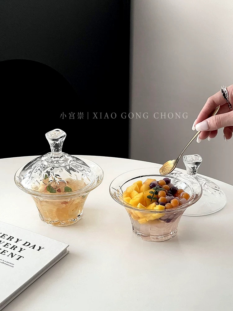 Bát tổ chim kiểu Âu có nắp, bát tráng miệng dùng trong gia đình, bộ bát và thìa nước đường nấm trắng cao cấp, bộ đồ ăn bằng thủy tinh sáng tạo